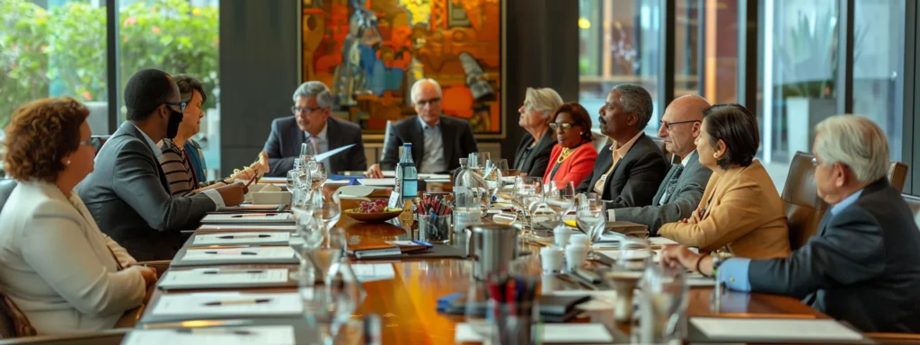 a diverse group of professionals gathered around a large conference table, reviewing various documents and charts related to estate planning needs.