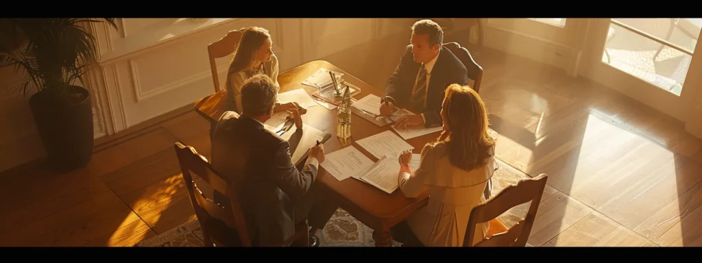 a family sits around a large wooden table with legal documents spread out, discussing their estate planning with a knowledgeable attorney.