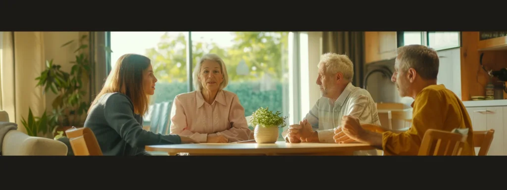 a family sitting around a large wooden table, discussing estate planning with serious expressions.