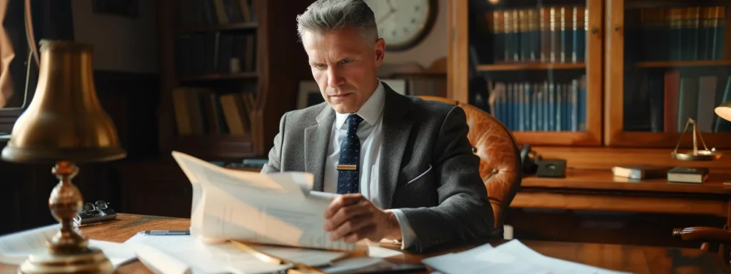 a focused attorney holding a stack of legal documents, sitting at a polished wooden desk, ready to answer questions about estate planning.