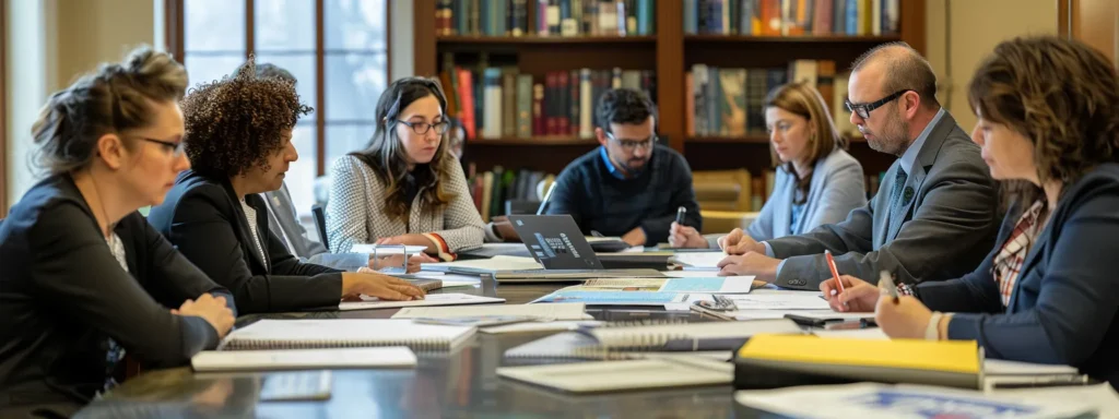 a group of diverse professionals gathered around a table covered with legal documents, engaged in deep discussion with focused expressions, conveying expertise and knowledge in estate planning.