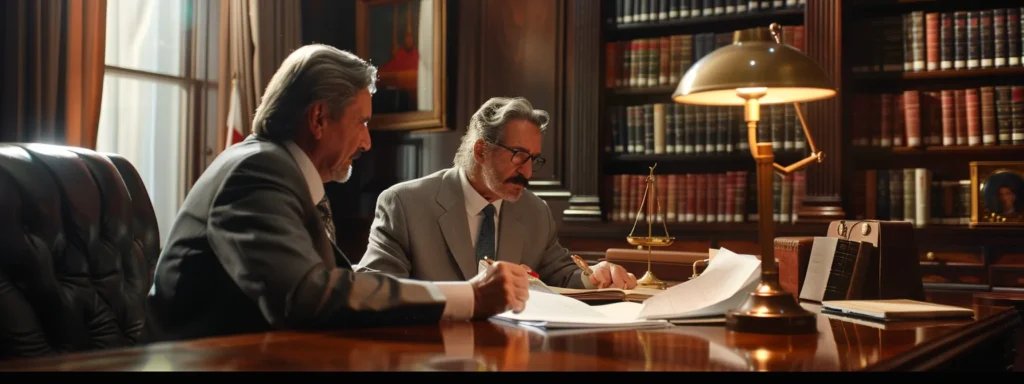 an attorney and client sitting at a polished wooden desk, reviewing legal documents under the soft glow of a modern desk lamp.