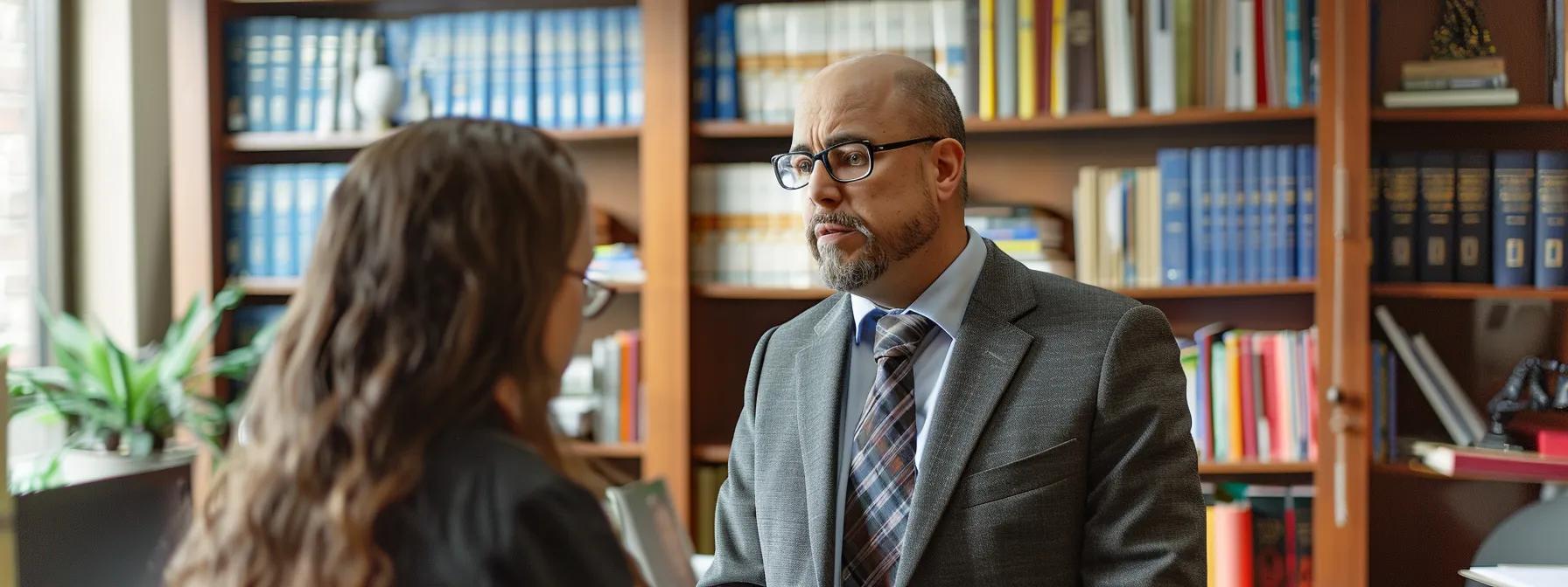 a confident local attorney stands in a modern office, surrounded by legal books and documents, engaged in a focused discussion with a client, embodying the personalized, knowledgeable support that comes from hiring a local legal expert. a confident local attorney stands in a modern office, surrounded by legal books and documents, engaged in a focused discussion with a client, embodying the personalized, knowledgeable support that comes from hiring a local legal expert.