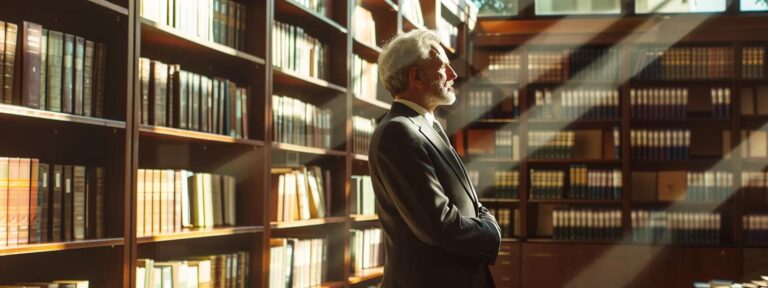 a distinguished commercial litigation attorney stands confidently in a sleek, modern law office, surrounded by towering bookshelves filled with legal texts, as sunlight casts sharp shadows through floor-to-ceiling windows, highlighting their focused expression.