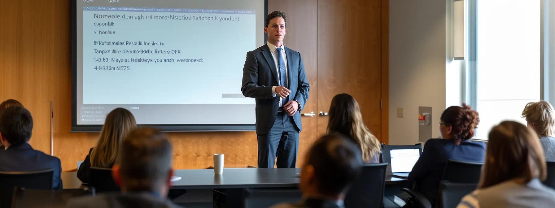 a focused attorney stands confidently at a sleek, minimalist conference table, passionately presenting a complex legal argument to a captivated audience, with a large screen displaying strategic communication points behind them in a modern, well-lit law office. a focused attorney stands confidently at a sleek, minimalist conference table, passionately presenting a complex legal argument to a captivated audience, with a large screen displaying strategic communication points behind them in a modern, well-lit law office.