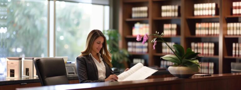 a focused scene in a sleek, modern office showcases a confident attorney reviewing case files with a satisfied client, emphasizing the importance of qualifications and compatibility in selecting a local litigation attorney.