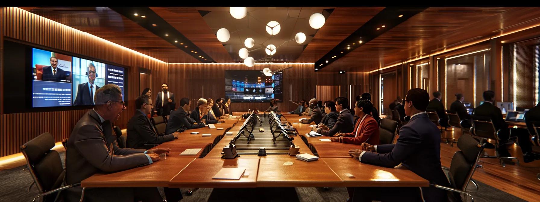 a modern conference room with a sleek wooden table surrounded by diverse professionals engaging in a focused discussion about joint estate arrangements, illuminated by soft overhead lighting and equipped with digital screens displaying relevant data and diagrams.