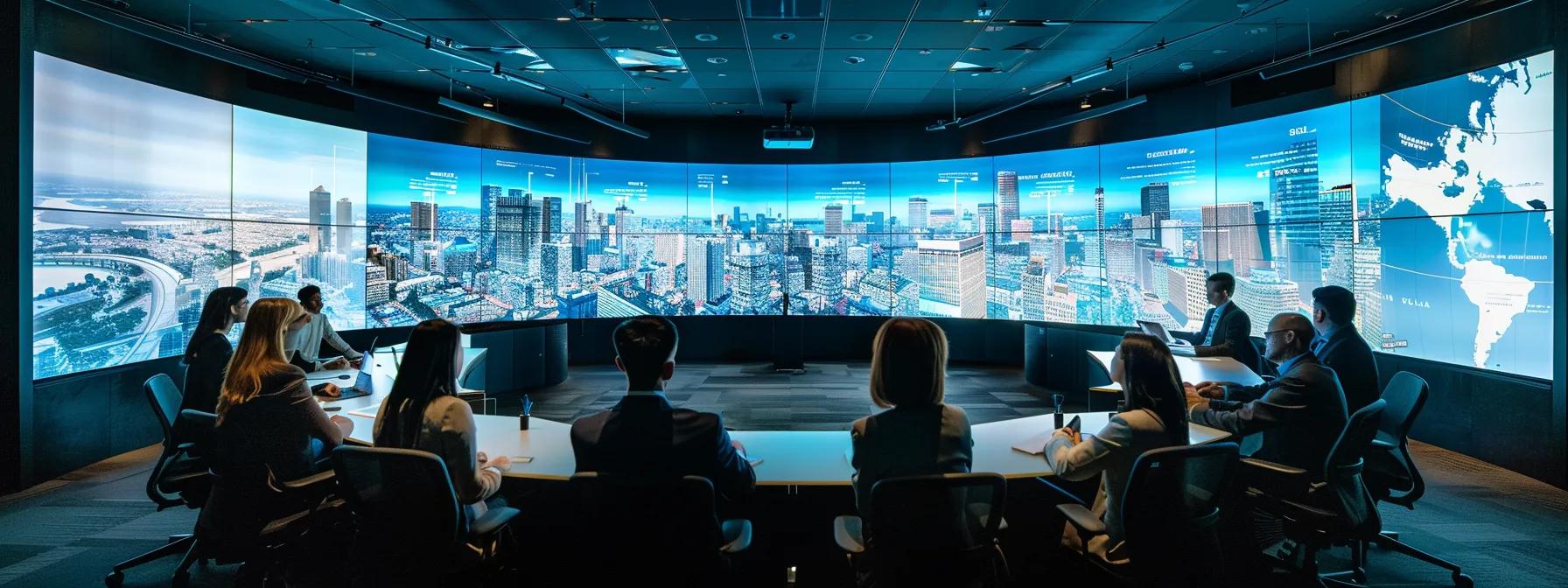 a modern office conference room is filled with engaged executives around a sleek table, analyzing strategic estate distribution charts projected on a high-tech screen, conveying a sense of authority and decision-making power.