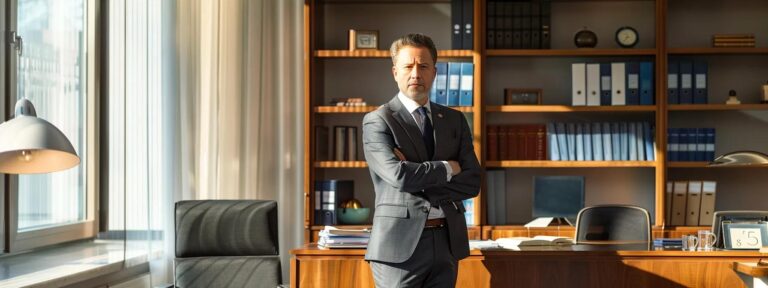 a poised attorney stands confidently in a sleek, modern office adorned with legal books and a polished desk, exuding professionalism and authority under bright, focused lighting.