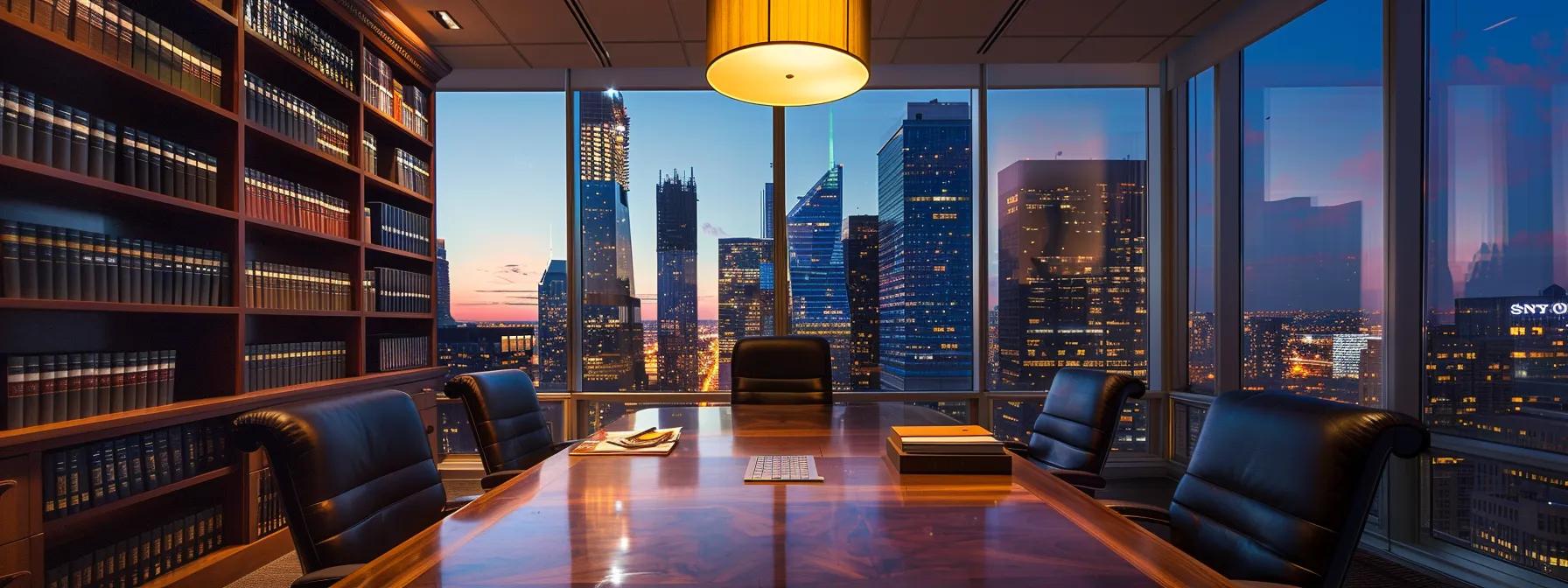 a polished office conference room showcases a professional attorney conversing with a client over a sleek wooden table, surrounded by law books and a glowing city skyline visible through large windows, emphasizing trust and expertise in estate planning.