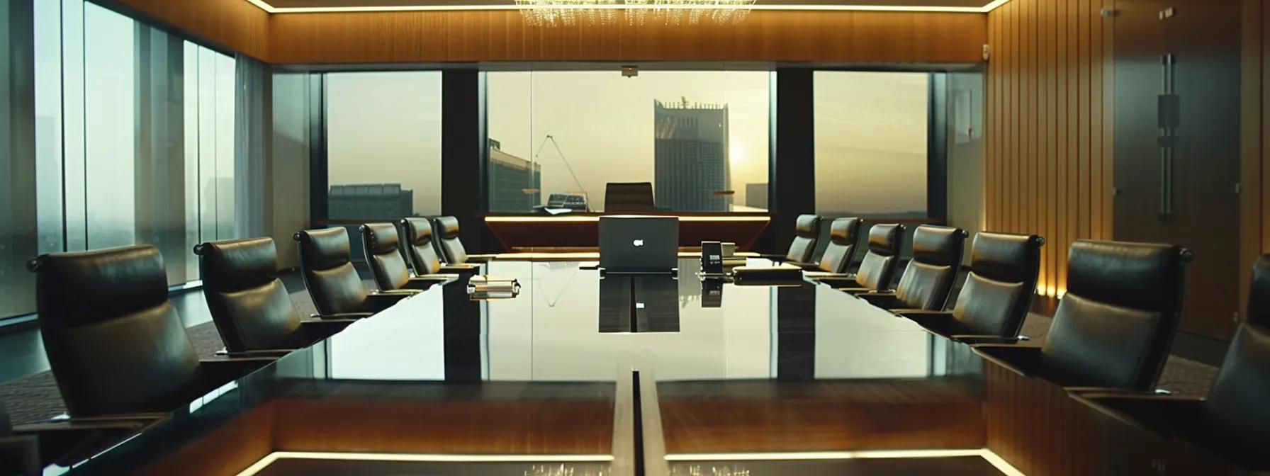 a polished office conference room features a large, modern table with sleek legal documents and a laptop open, emphasizing a discussion on living trusts and estate planning amid a backdrop of sophisticated decor.