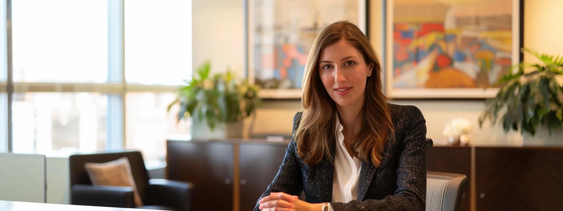 a polished office interior showcases a confident lawyer engaging warmly with a client across a sleek conference table, emphasizing the personalized and professional approach to estate planning.