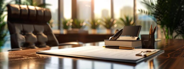 a polished office space features a solid wooden desk adorned with formal documents and a sleek pen, highlighting the serious and professional theme of estate planning and wills.