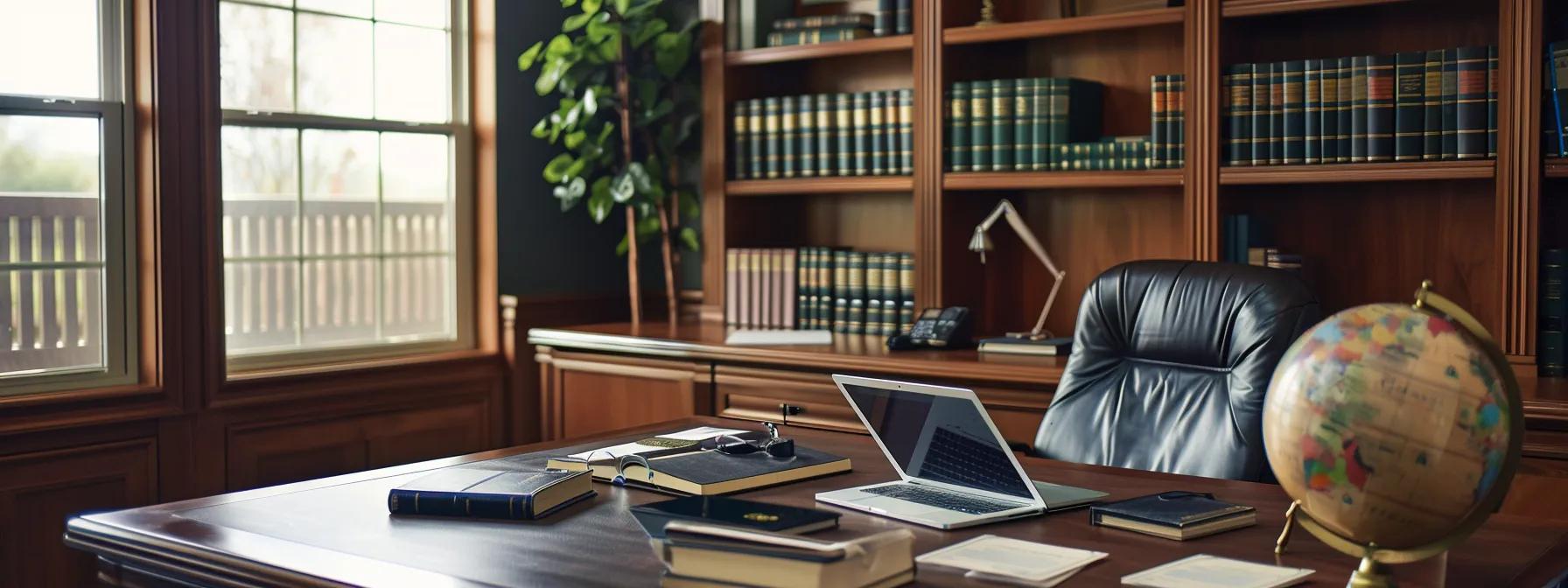 a professional and modern office space features a sleek desk with a laptop open to a legal website, surrounded by law books and a decorative globe, emphasizing the search for a living trust attorney.