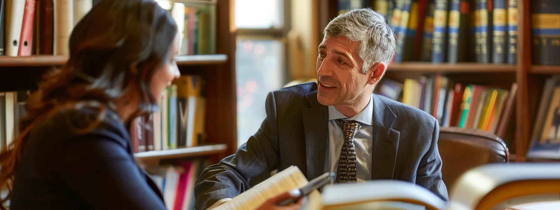 a professional and polished office scene featuring a confident local attorney engaged in a focused conversation with a client, surrounded by law books and legal documents, reflecting an atmosphere of trust and expertise in legal matters. a professional and polished office scene featuring a confident local attorney engaged in a focused conversation with a client, surrounded by law books and legal documents, reflecting an atmosphere of trust and expertise in legal matters.
