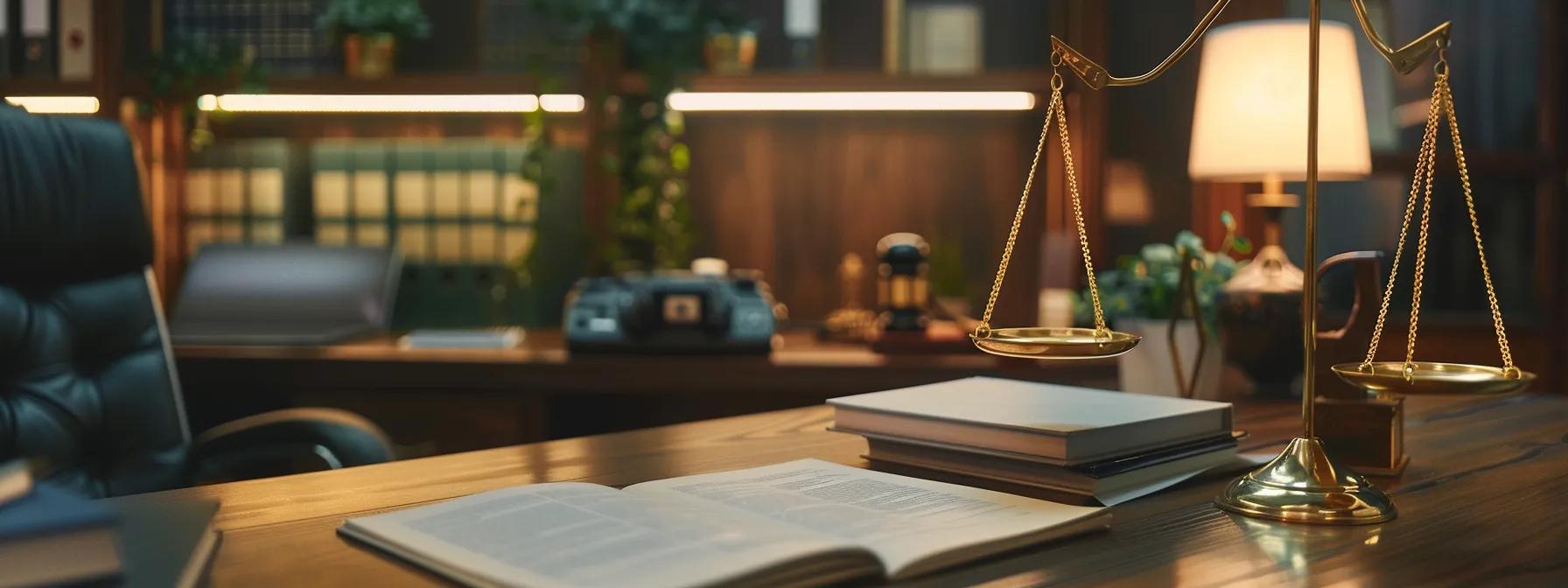 a professional attorney's office, featuring a sleek conference table with legal documents and a laptop, where a client and attorney engage in a focused discussion about estate planning and trust management under warm, inviting light.