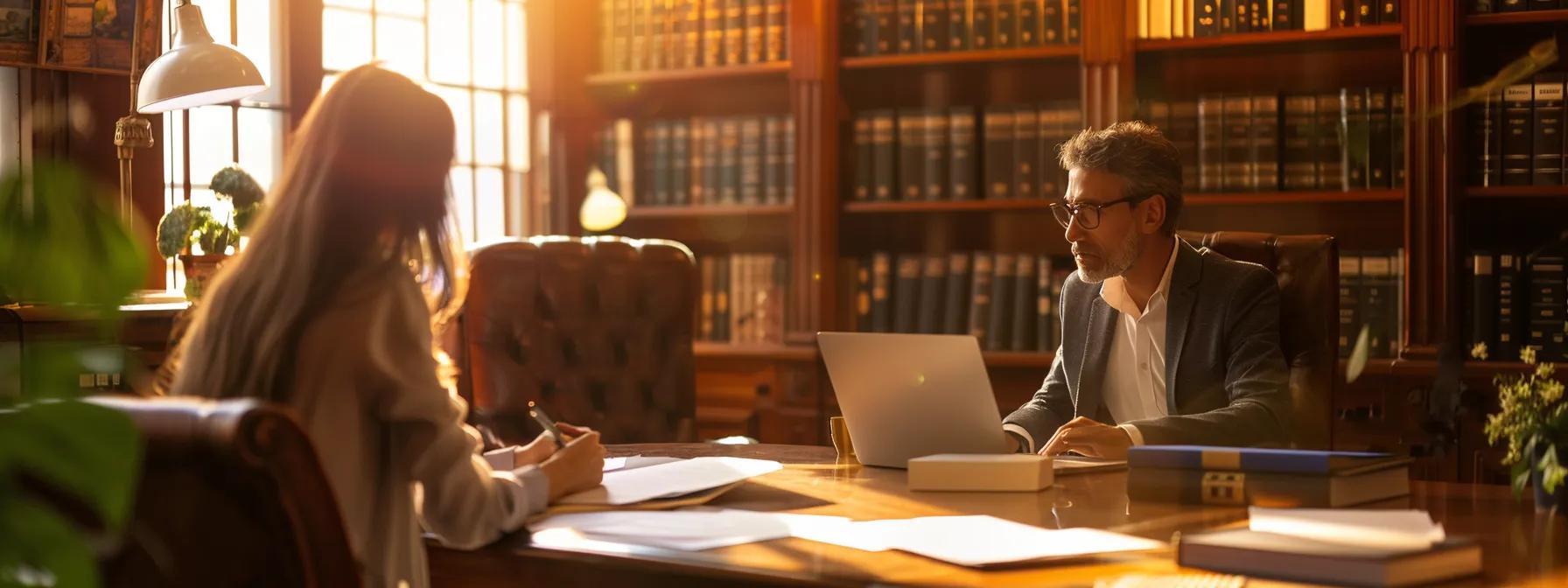 a professional lawyer's office is bathed in warm, ambient lighting, showcasing an elegant wooden desk cluttered with legal documents and a laptop, as a confident client engages in a focused discussion about living trust strategies.