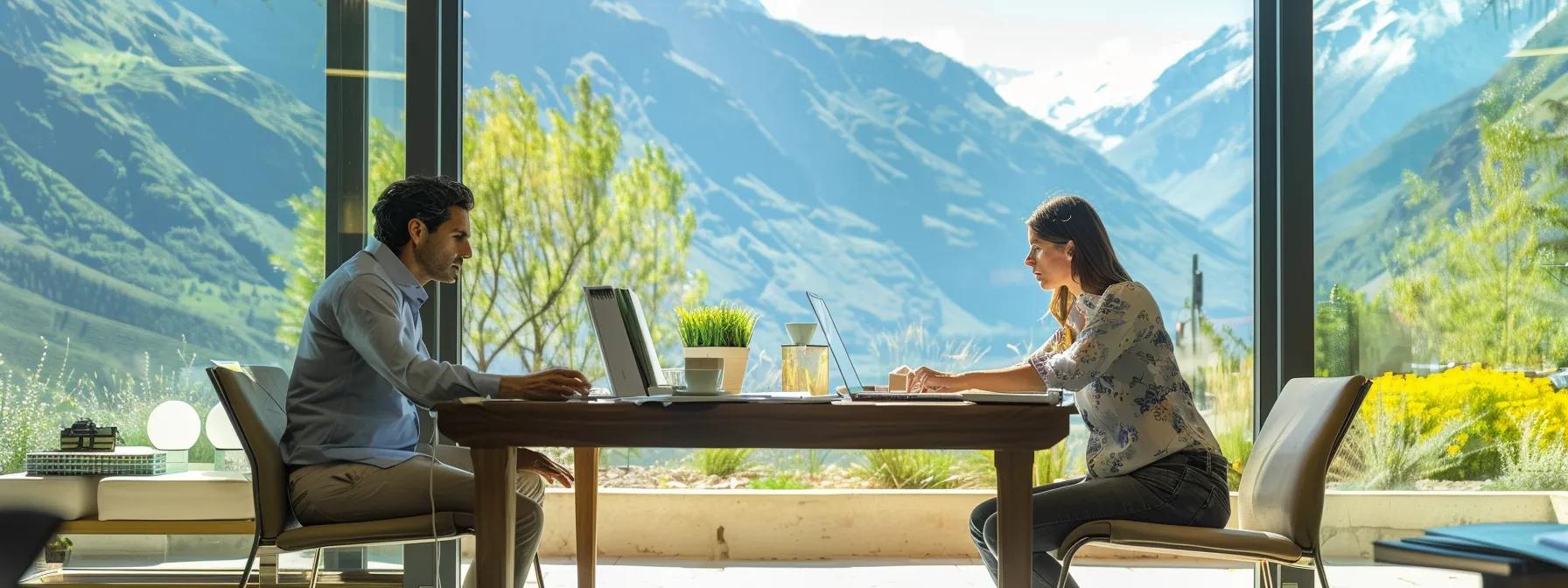 a professional office setting features a focused individual engaged in a detailed discussion with a lawyer, surrounded by legal documents and a laptop, conveying the serious and structured process of planning wills and trusts.