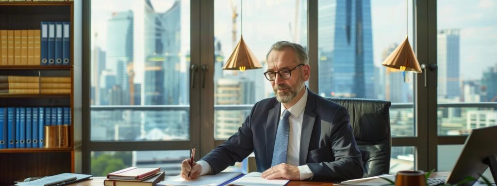a sharply focused image of a litigation attorney in a modern, sleek office, engaged in a discussion over legal documents, with shelves of law books and a city skyline visible through large windows.
