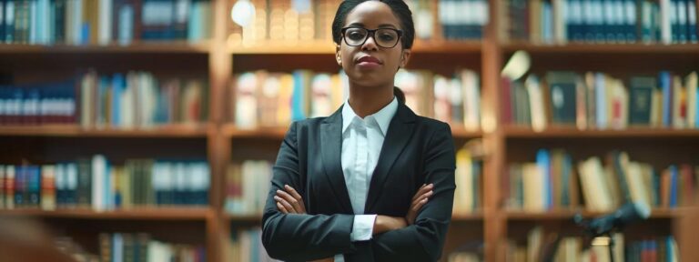 a sharply focused insurance litigation attorney stands confidently in a modern office, surrounded by case files and legal books, while an overhead light casts a professional glow that highlights their determined expression and the intricate details of the sleek, urban workspace.