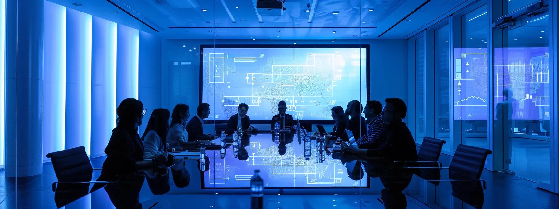 a sleek, modern conference room filled with engaged professionals around a glossy table, intently discussing a detailed blueprint of a legal framework projected on a high-tech screen, illuminated by soft overhead lighting.