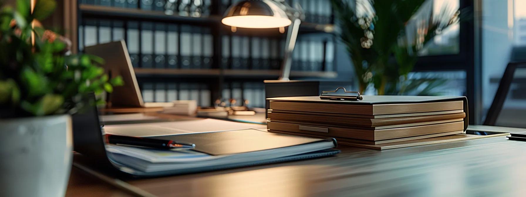 a sleek, modern office desk is adorned with a meticulously organized stack of legal documents and a polished wooden living trust binder, illuminated by soft, focused overhead lighting, emphasizing the theme of proactive estate planning to prevent court involvement.