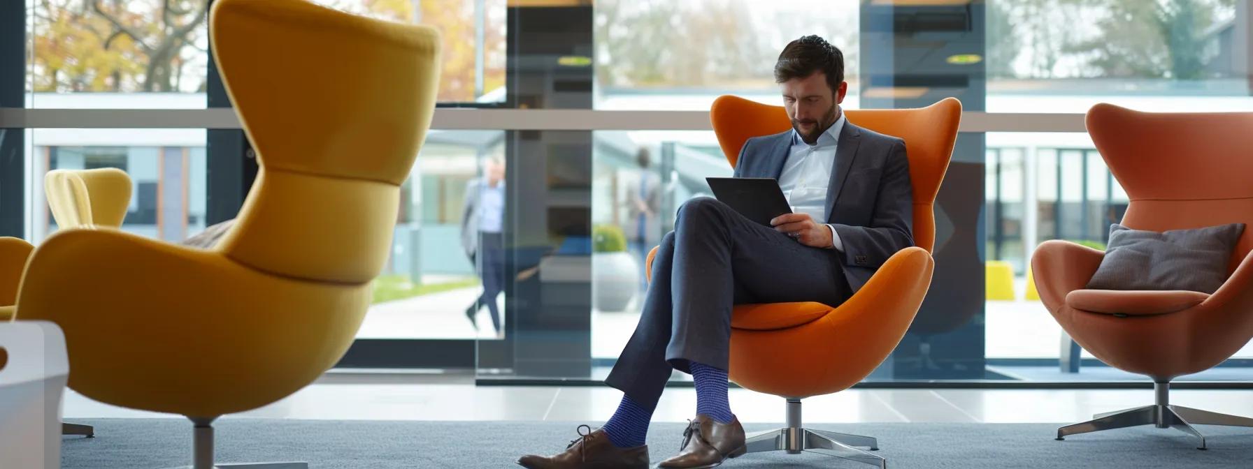a sleek, modern office setting features a confident business professional reviewing a digital tablet displaying an online document for a last will and power of attorney, with contemporary furniture and high-tech gadgets accentuating the theme of innovative legal solutions.
