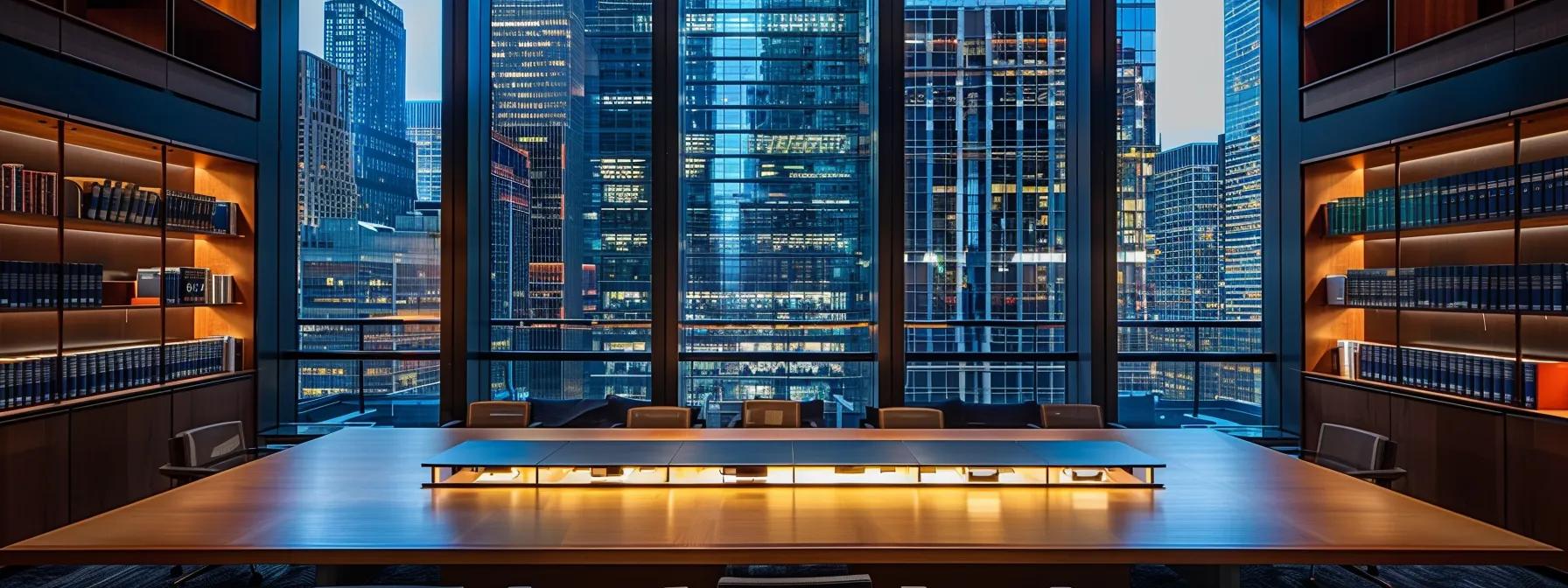 a sleek, modern office space features a large conference table surrounded by open legal books and financial documents, symbolizing the critical evaluation of legal service costs against a backdrop of cityscape windows reflecting a vibrant urban skyline. a sleek, modern office space features a large conference table surrounded by open legal books and financial documents, symbolizing the critical evaluation of legal service costs against a backdrop of cityscape windows reflecting a vibrant urban skyline.