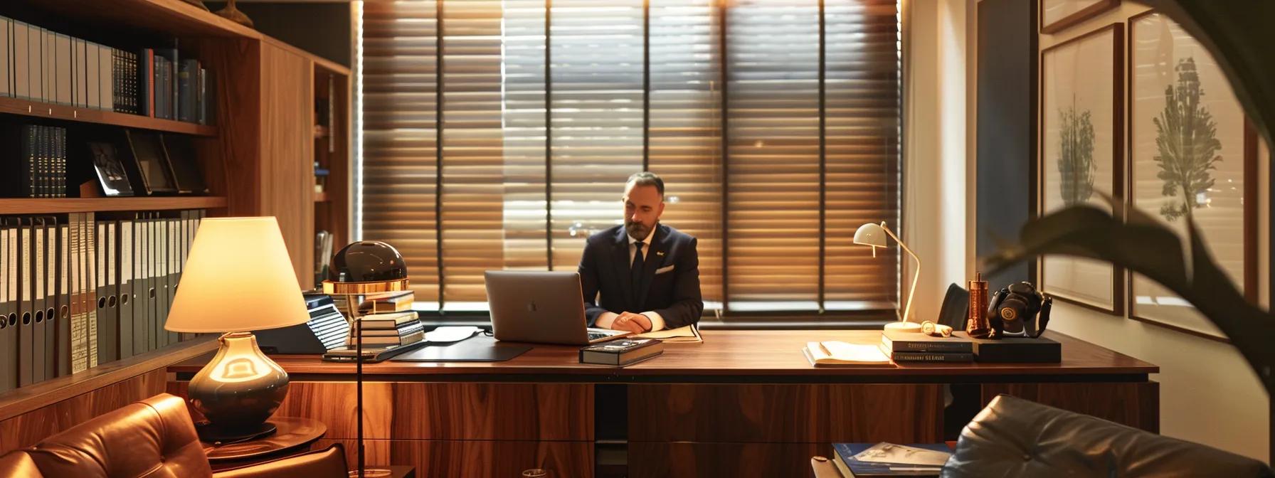 a sleek, modern office space features a confident professional seated at a polished desk, surrounded by legal books and a laptop, engaging in a video call with a client to discuss wills and estate planning, illuminated by warm, inviting lighting that enhances the atmosphere of trust and expertise.