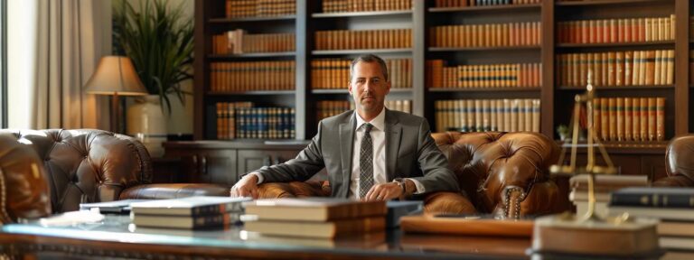 a sophisticated civil litigation attorney confidently discusses case strategies in a modern, elegantly designed office, surrounded by polished mahogany furniture and sleek legal bookshelves.