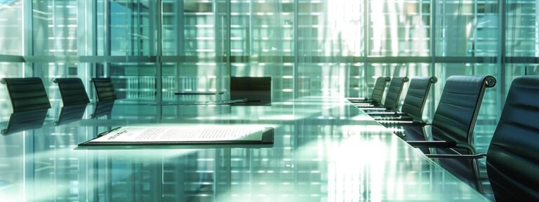 a sophisticated, modern office space is filled with sleek furniture and a prominent, elegant trust document displayed on a polished conference table, symbolizing the importance of financial planning and security in wealth management.