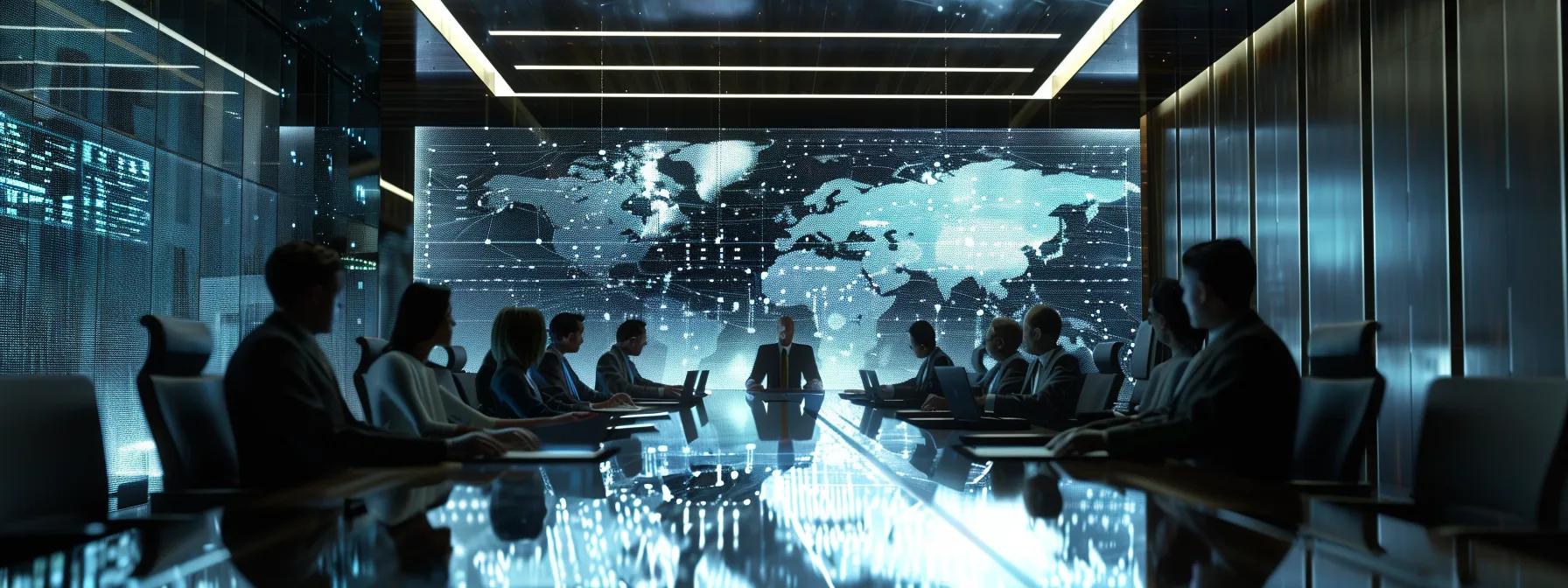 a sophisticated office meeting room features a polished conference table surrounded by business professionals engaged in a dynamic discussion, with a large digital screen displaying a flowchart of innovative integration strategies for estate planning.