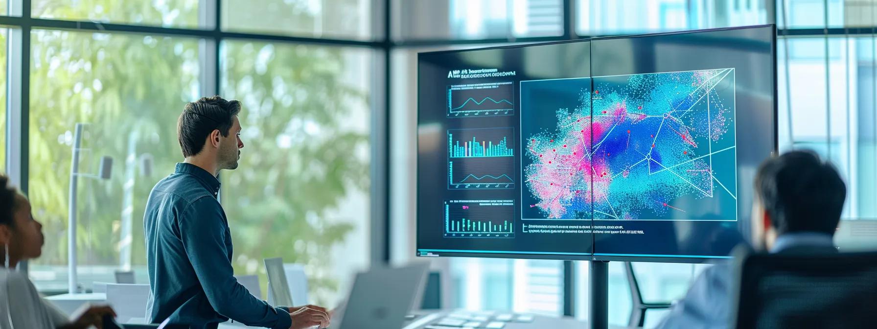 a modern office setting showcases a sleek, high-tech screen displaying colorful, detailed contract analysis data, while a confident professional reviews the insights, emphasizing the efficiency and precision of ai in reducing legal risks and enhancing roi. a modern office setting showcases a sleek, high-tech screen displaying colorful, detailed contract analysis data, while a confident professional reviews the insights, emphasizing the efficiency and precision of ai in reducing legal risks and enhancing roi.