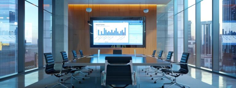 a modern office space features a sleek conference room, showcasing a large screen displaying data analytics and ai-driven insights, emphasizing the strategic discussion on maximizing roi through innovative legal technology solutions.
