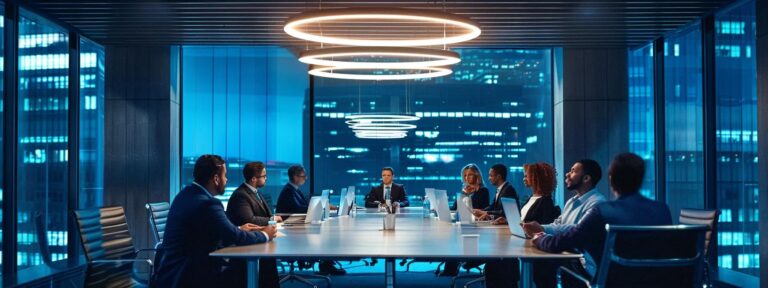a focused boardroom setting captures a diverse group of arbitrators engaged in a deep discussion around a sleek conference table, illuminated by modern overhead lighting, emphasizing their pivotal role in resolving commercial disputes.