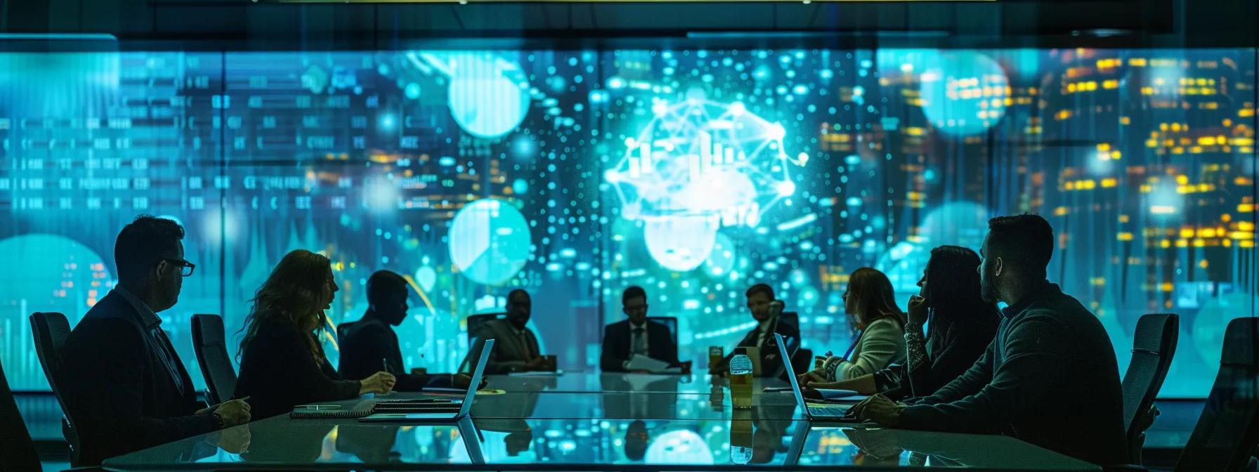 a modern corporate conference room, featuring a sleek table surrounded by diverse professionals engaged in a focused discussion about arbitration's advantages in resolving commercial disputes, with vibrant graphics displayed on a screen illustrating key benefits like cost reduction and relationship preservation.