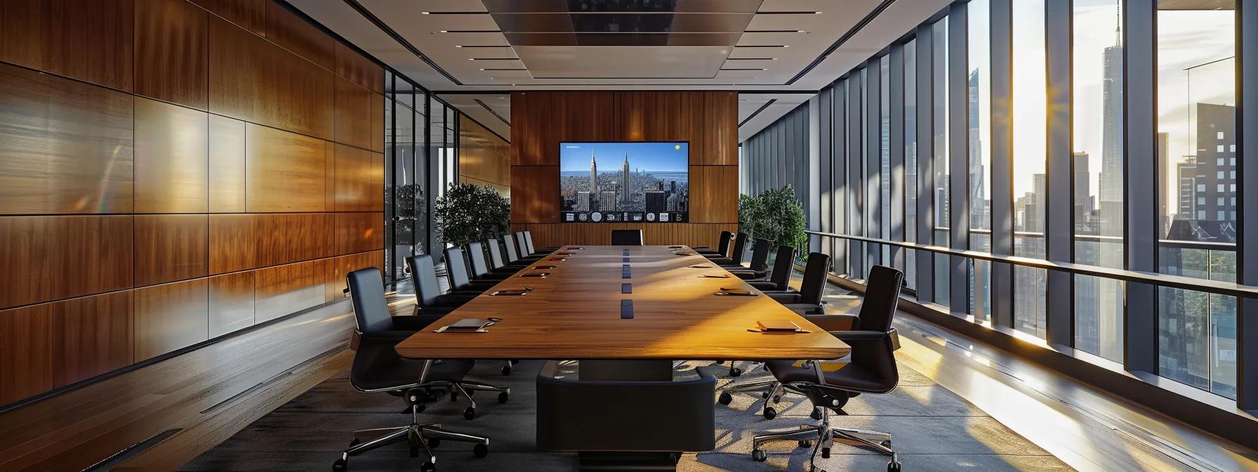 a modern office setting with a large conference table, rich wooden finishes, and a digital display illustrating various types of trusts available for children in new york, creating an atmosphere of professionalism and financial planning expertise.