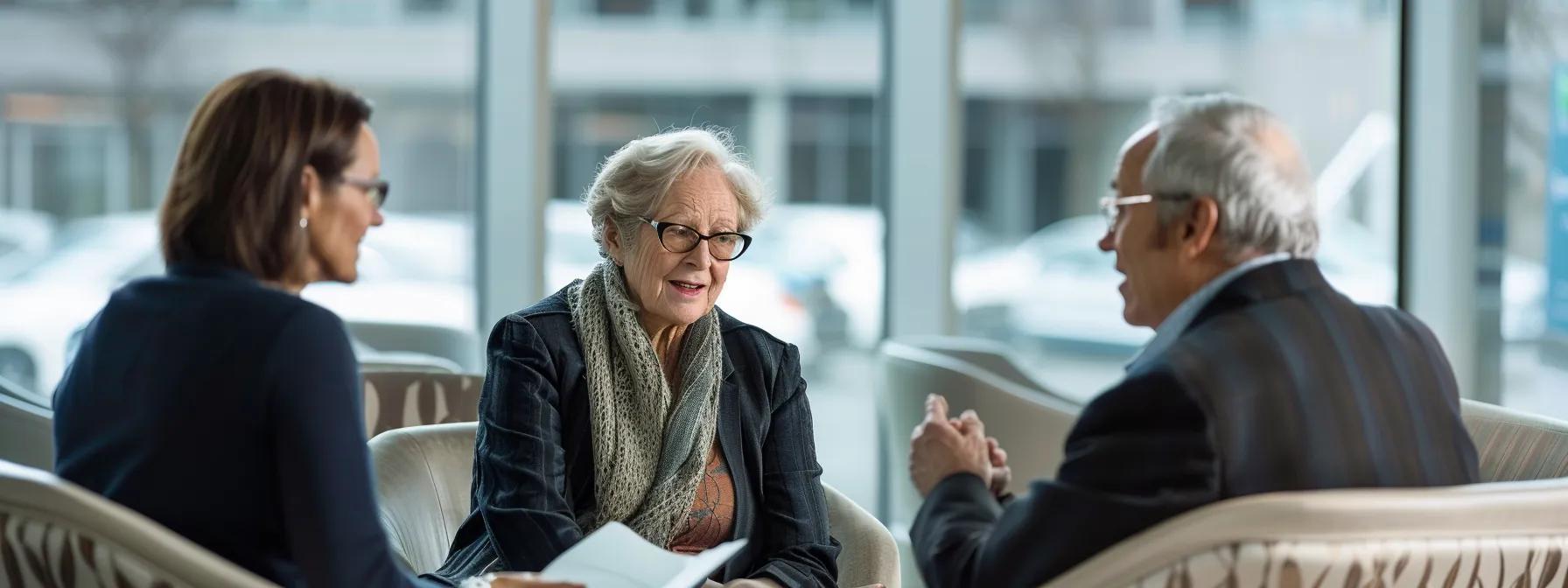 a professional setting featuring a senior couple engaged in a focused discussion with a poised estate attorney, surrounded by legal documents and a modern office backdrop that emphasizes trust and collaboration in estate planning.