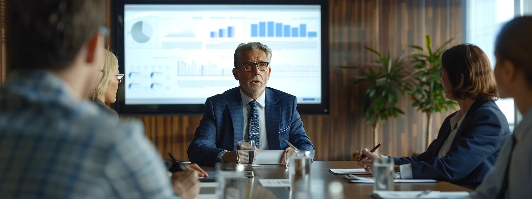 a seasoned estate planning attorney confidently advises a group of retirees in a modern conference room, surrounded by legal documents and digital screens displaying estate strategies tailored for the hudson valley.