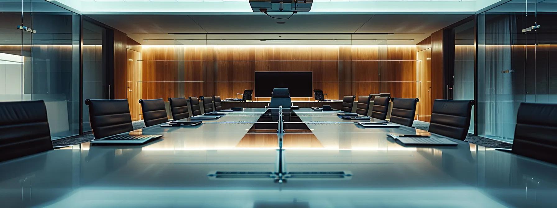 a sleek, modern conference room, illuminated by soft overhead lights, features a polished table set with legal documents and laptops, symbolizing a focused and efficient arbitration process resolving business conflicts.
