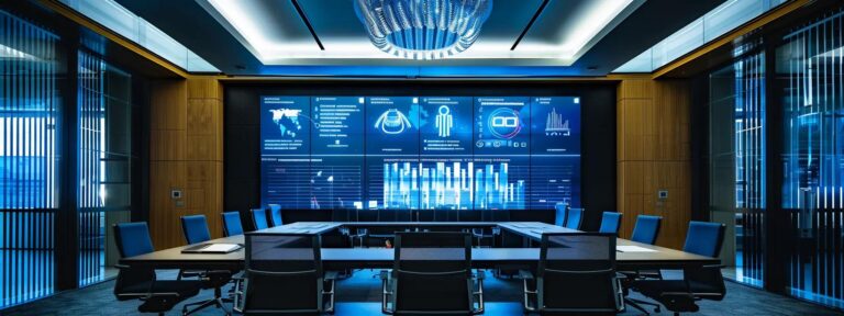 a sleek, modern law office featuring a sophisticated conference room with a large digital screen displaying various ai tools, illuminated by bright, focused overhead lighting.