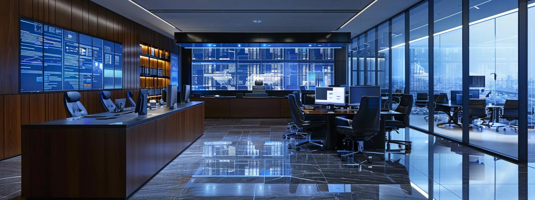 a sleek, modern law office filled with high-tech screens displaying dynamic visuals of legal ai applications, showcasing predictive analytics and automated workflows in a polished, futuristic environment.