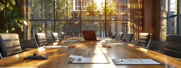 a sleek, modern office environment featuring a polished wooden conference table surrounded by documents and digital devices, with a clear view of a laptop open to a trust setup guide, emphasizing a professional atmosphere focused on planning for children's futures in new york state.