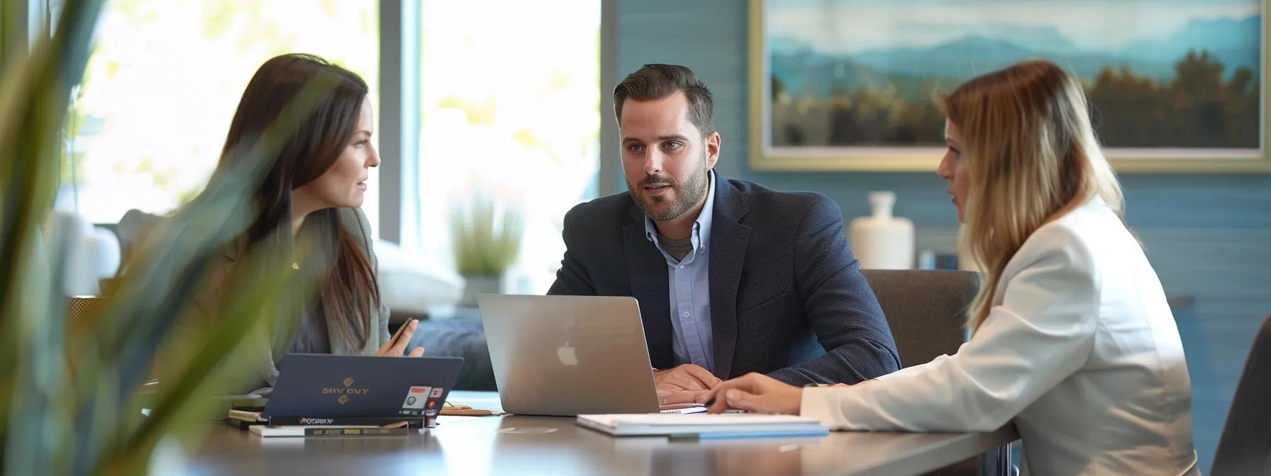 a sleek, modern office setting showcases a knowledgeable estate planning attorney engaged in a focused discussion with a couple, with legal documents and a laptop open on the polished conference table, emphasizing professionalism and trust in financial planning for children's futures.