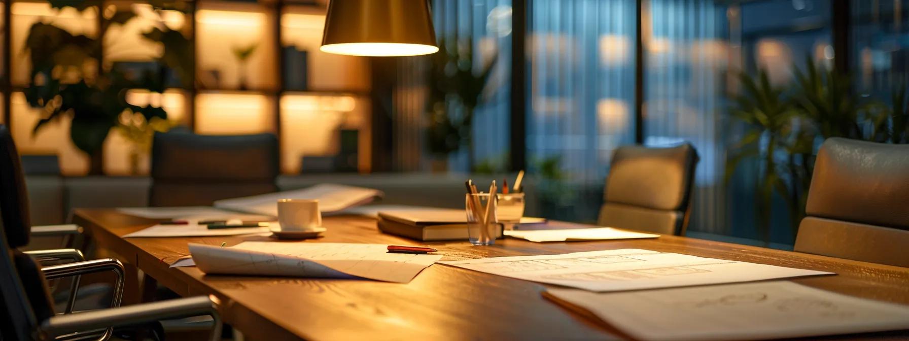 a sophisticated office setting featuring a modern conference table with blueprints and legal documents scattered, illuminated by warm, ambient lighting, symbolizing the careful planning and beneficial outcomes of establishing trusts for children's financial security.