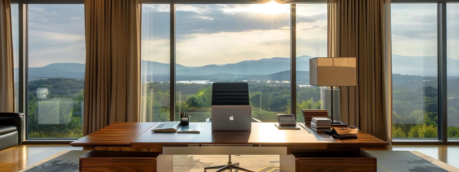 a sophisticated office setting showcases a polished wooden desk adorned with estate planning documents and a sleek laptop, while the backdrop displays panoramic views of the hudson valley, symbolizing the thoughtful deliberation between a trust and a will.