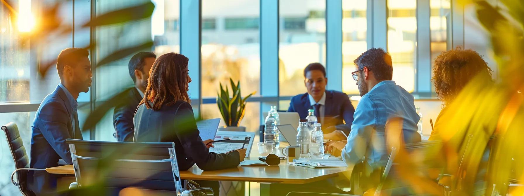a sophisticated office setting showcases a diverse group of professionals engaged in a dynamic discussion around a sleek conference table, surrounded by documents and digital devices, emphasizing strategic estate planning influenced by local hudson valley laws.