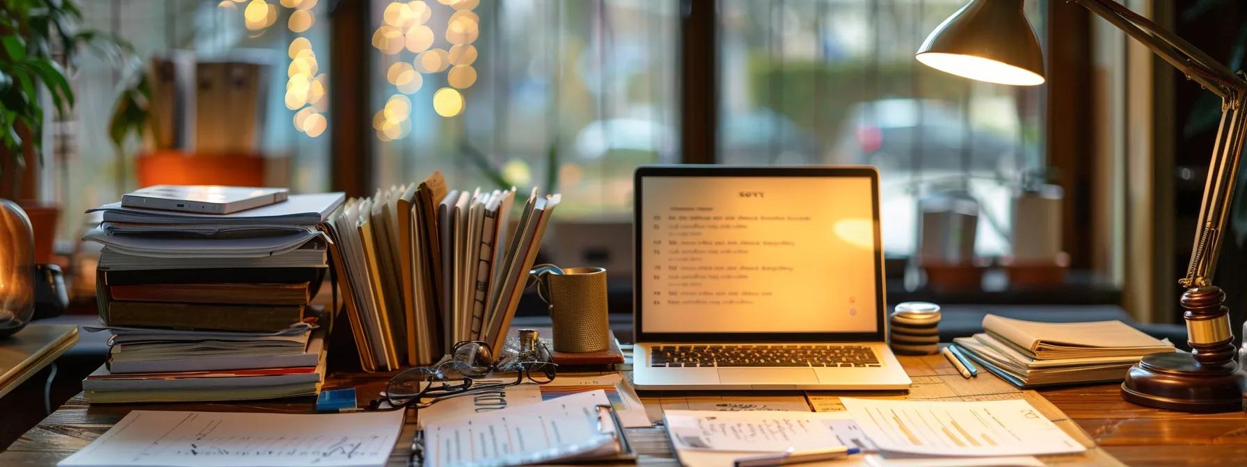 a well-organized office desk filled with neatly arranged legal documents, a detailed asset inventory, and a laptop open to a consultation with an estate attorney, all bathed in warm, inviting light to convey a sense of preparedness and professionalism in estate planning.