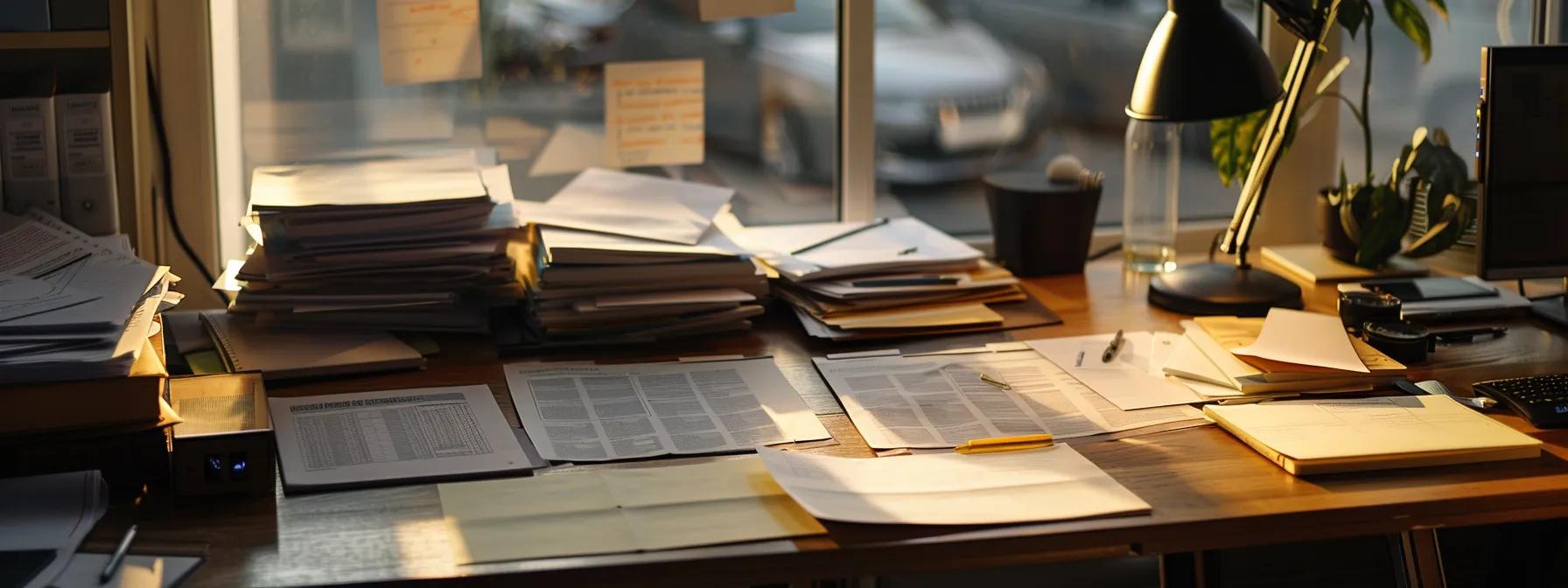 a well-organized office desk is filled with financial documents, trust forms, and assets lists, illuminated by focused task lighting, highlighting the serious yet hopeful atmosphere of planning for a children's trust in new york.