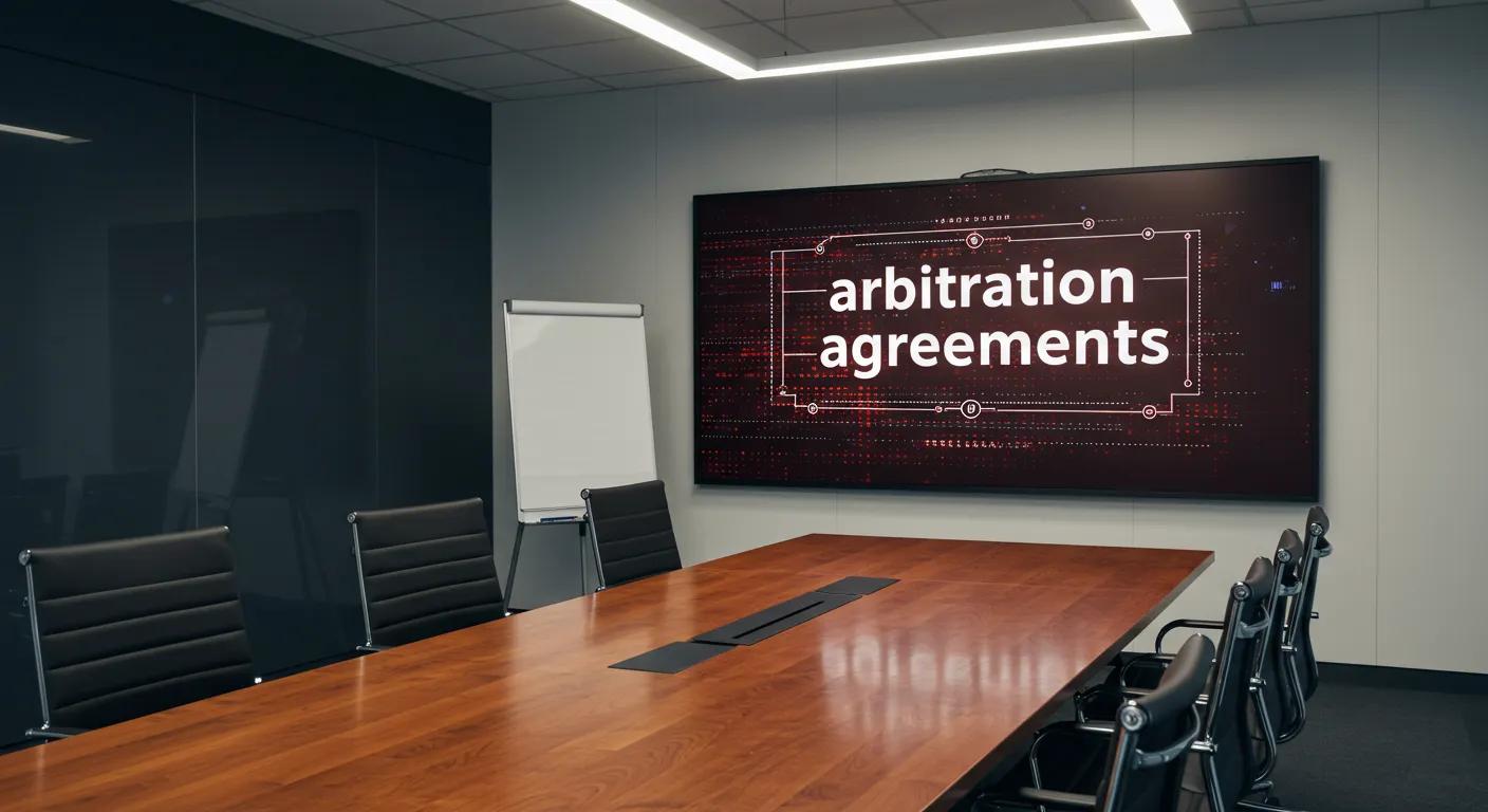 a sleek, modern conference room with a polished wooden table and high-backed chairs, prominently featuring a large digital screen displaying the keywords 